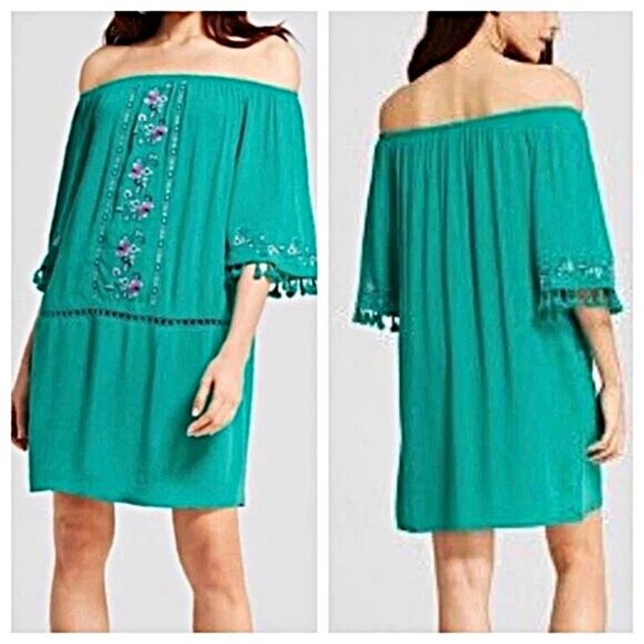 Xhilaration Teal Floral Embroidered Off Shoulder Dress Fringe Boho Women's Sz XL - Picture 1 of 10